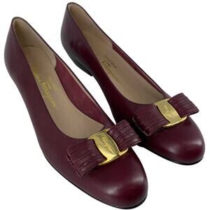 SALVATORE FERRAGAMO 7.5 AA Leather Shoes Maroon Bow Low Heel Narrow Twee